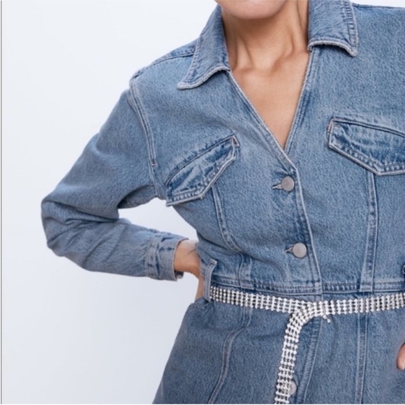 ZARA Denim Midi Shirt Dress Short lapel collar V-neck long sleeves Size XS NWT - Picture 7 of 16